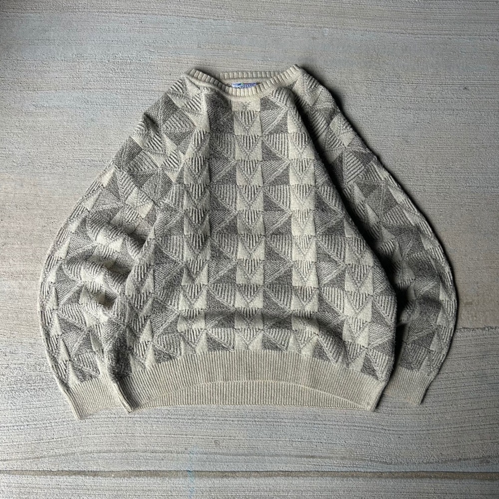Vintage 90s Monello Geometric Knit Sweater Beige Wool Silk Blend